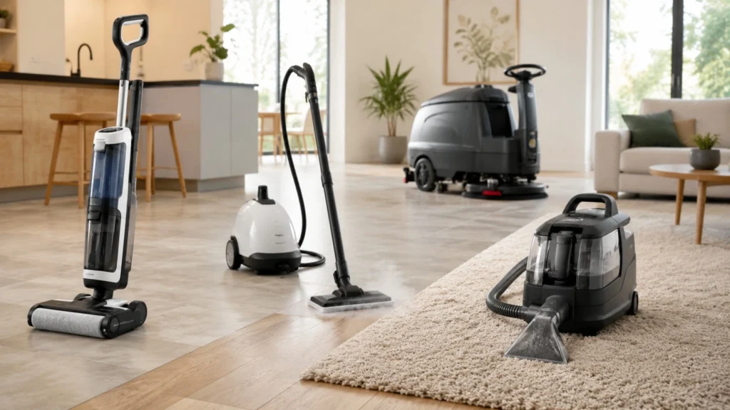 Comparatif visuel de plusieurs appareils pour nettoyer un sol dur et un tapis dans une maison.