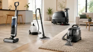 Comparatif visuel de plusieurs appareils pour nettoyer un sol dur et un tapis dans une maison.