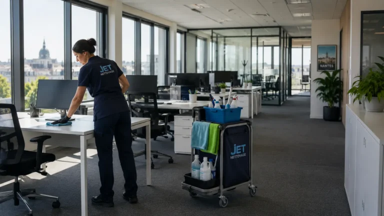 Agent de nettoyage intervenant tôt le matin dans des bureaux professionnels à Nantes.