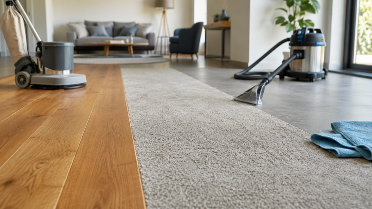 Matériel d’entretien professionnel disposé près d’un parquet, d’une moquette et d’un sol dur.