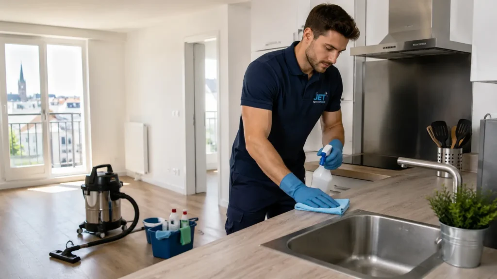 Professionnel nettoyant la cuisine d’un appartement à Nantes avant sa remise en location.