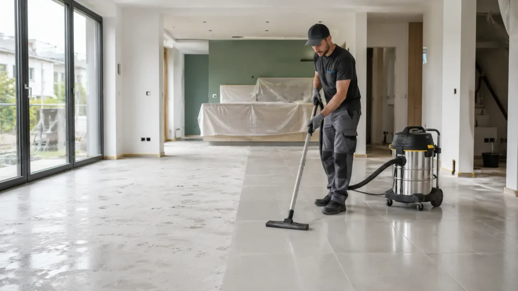 Agent professionnel terminant le nettoyage du carrelage dans un appartement rénové à Nantes.
