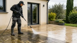 Technicien professionnel nettoyant une terrasse encrassée avec un nettoyeur haute pression.
