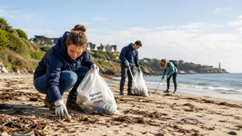 Bénévoles ramassant des déchets sur une plage de Loire-Atlantique lors d’un nettoyage citoyen.