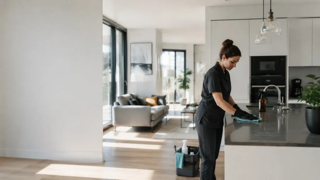 Agent de nettoyage professionnel intervenant dans un appartement lumineux à Nantes.