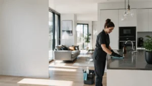 Agent de nettoyage professionnel intervenant dans un appartement lumineux à Nantes.