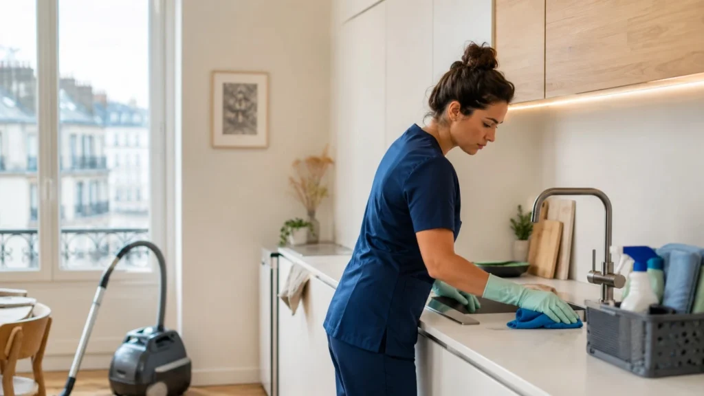 Professionnelle réalisant une prestation de ménage à domicile dans un appartement à Nantes.