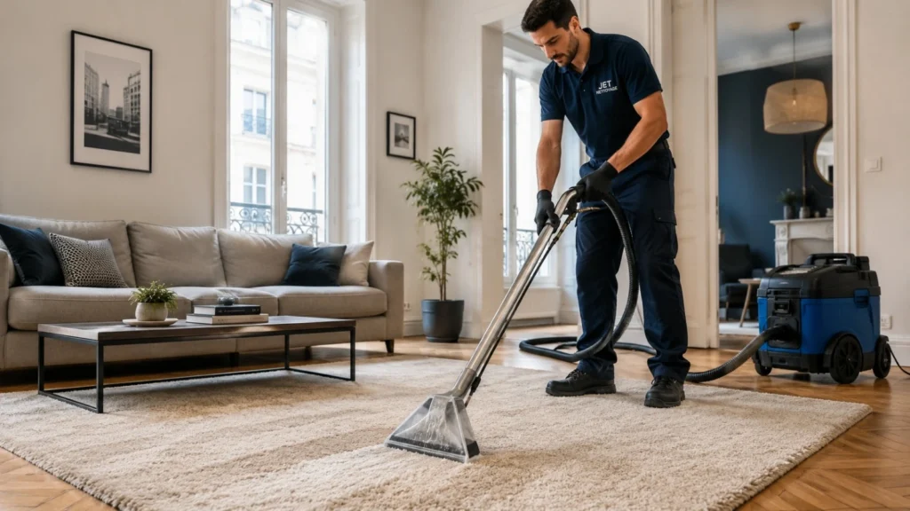 Technicien nettoyant un tapis de salon à Nantes avec une machine professionnelle d’injection-extraction.