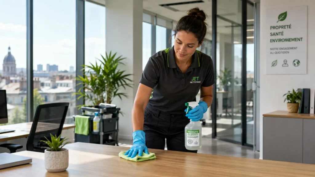 Agent réalisant un nettoyage écologique dans un bureau lumineux à Nantes avec une lavette microfibre.