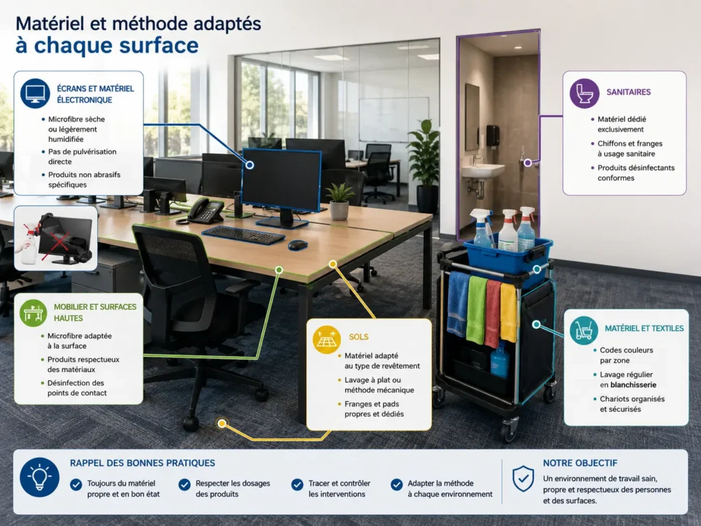 Schéma présentant le matériel adapté aux écrans, au mobilier, aux sols et aux sanitaires d’un bureau.