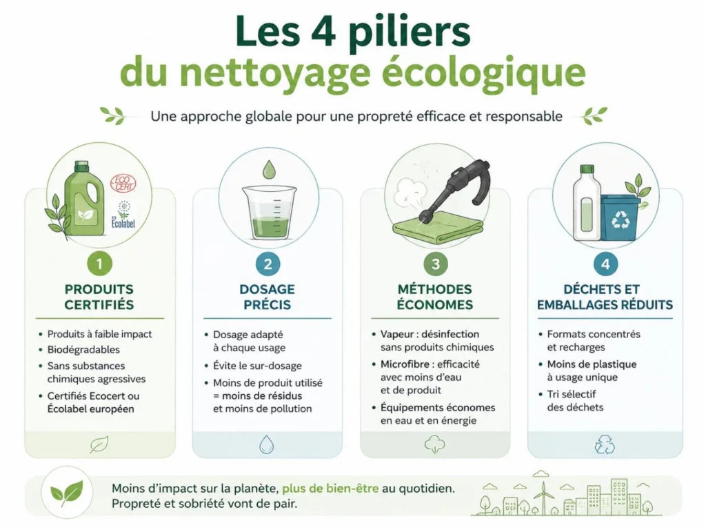 Schéma présentant les quatre piliers du nettoyage écologique : produits certifiés, dosage précis, vapeur microfibre et déchets réduits.