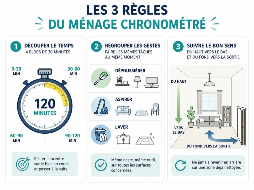 Schéma des trois règles du ménage chronométré : blocs de temps, tâches regroupées et nettoyage du haut vers le bas.