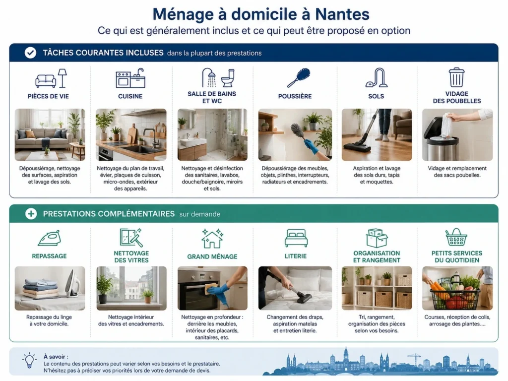 Les tâches courantes du ménage à domicile et les prestations complémentaires à demander.