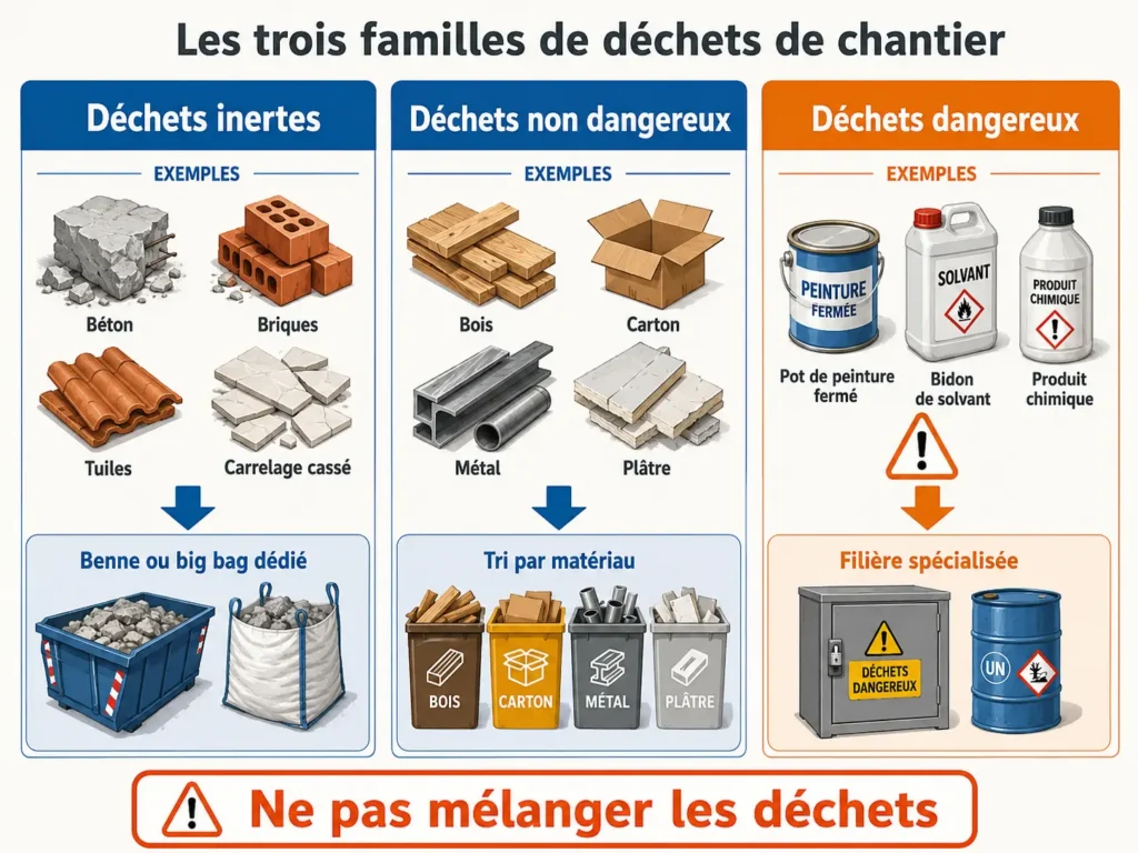 Les différents déchets de chantier inertes, non dangereux et dangereux.
