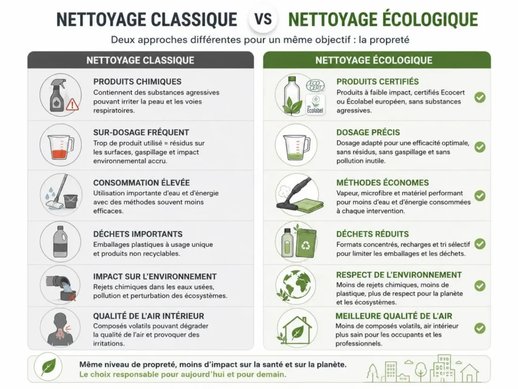 Comparatif visuel entre nettoyage classique et nettoyage écologique avec produits certifiés, dosage précis, méthodes économes et réduction des déchets.