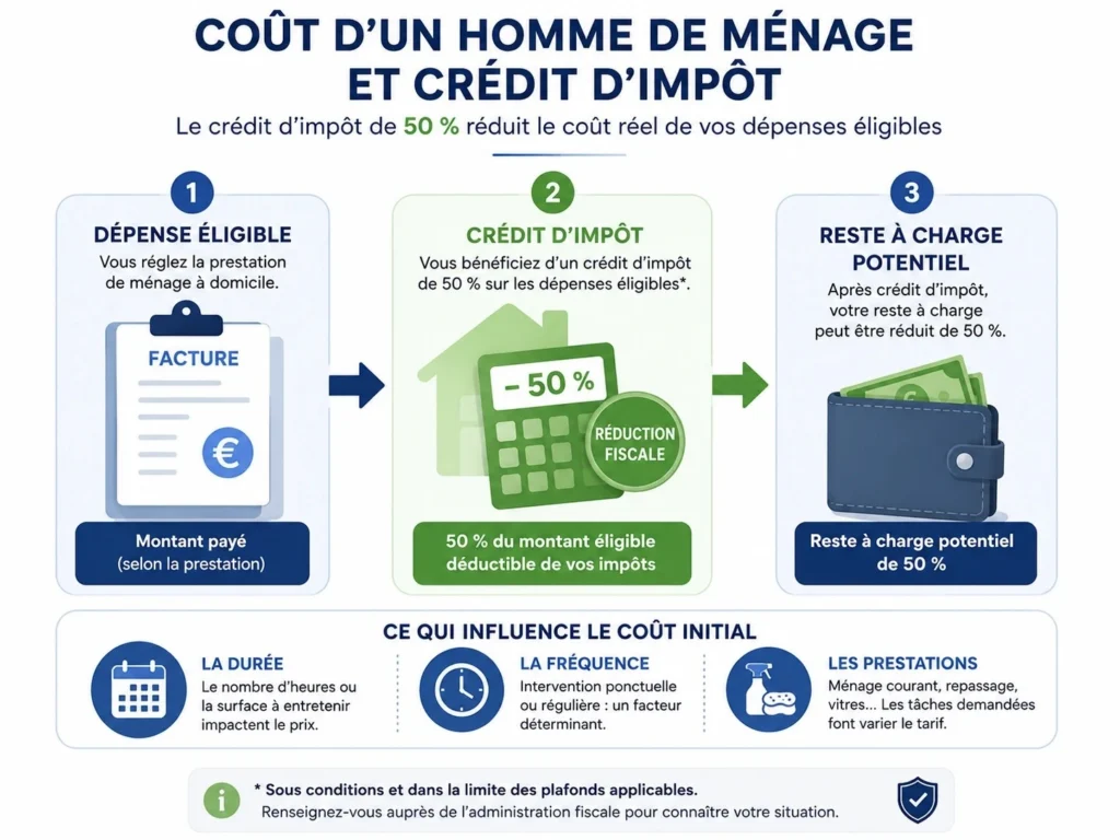 Schéma montrant le principe du crédit d’impôt de 50 % sur les dépenses éligibles de ménage à domicile.