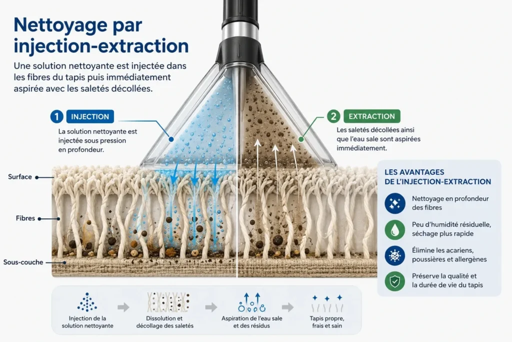 Schéma expliquant le nettoyage d’un tapis par injection-extraction avec injection de solution puis aspiration des salissures.