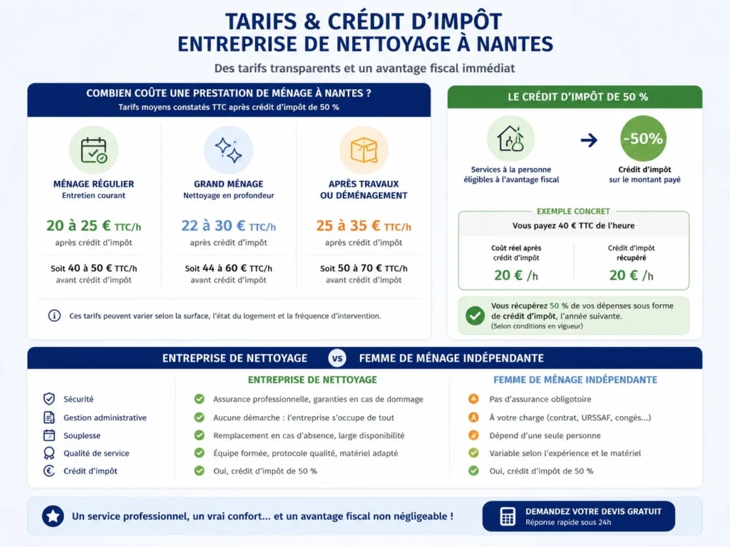Comparatif des tarifs indicatifs d’une entreprise de nettoyage à domicile à Nantes selon la fréquence d’intervention.