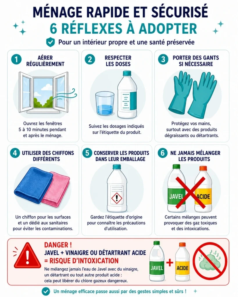 Les précautions de ménage, avec interdiction de mélanger l’eau de Javel et un produit acide.