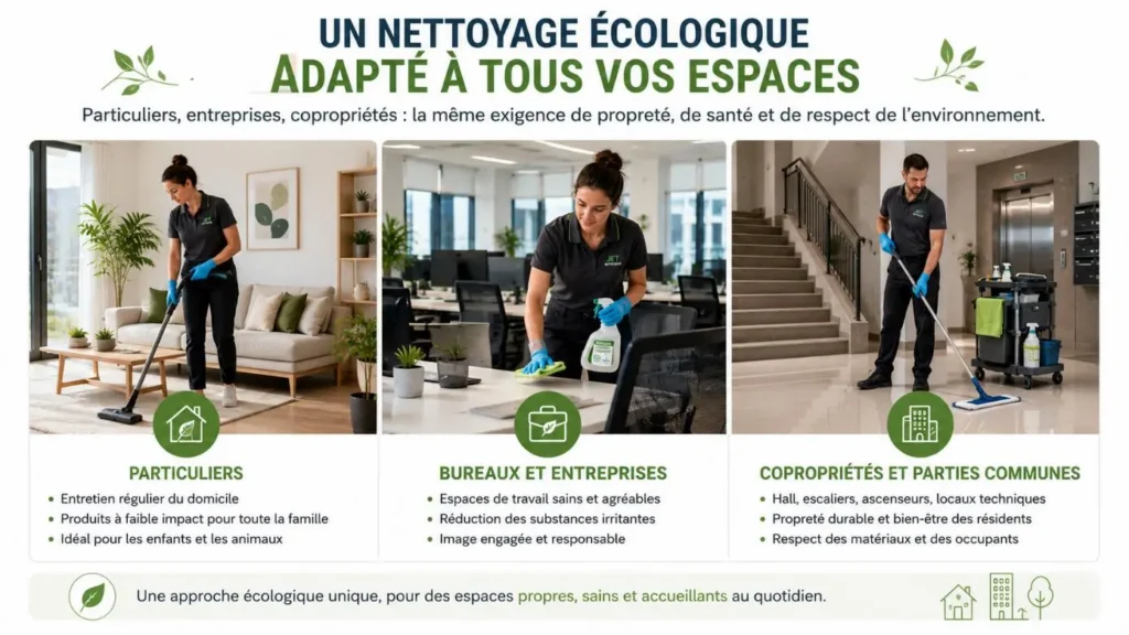 Visuel montrant un nettoyage écologique adapté aux particuliers, aux bureaux professionnels et aux copropriétés.