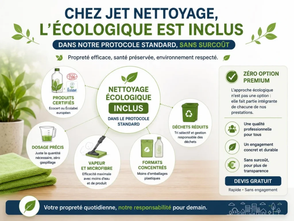 Visuel indiquant que le nettoyage écologique est inclus dans le protocole standard Jet Nettoyage, sans option premium ni surcoût.