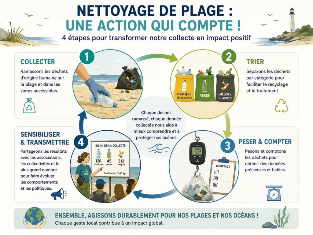 Infographie montrant les étapes d’un bilan de nettoyage de plage : collecter, trier, peser, compter et sensibiliser.