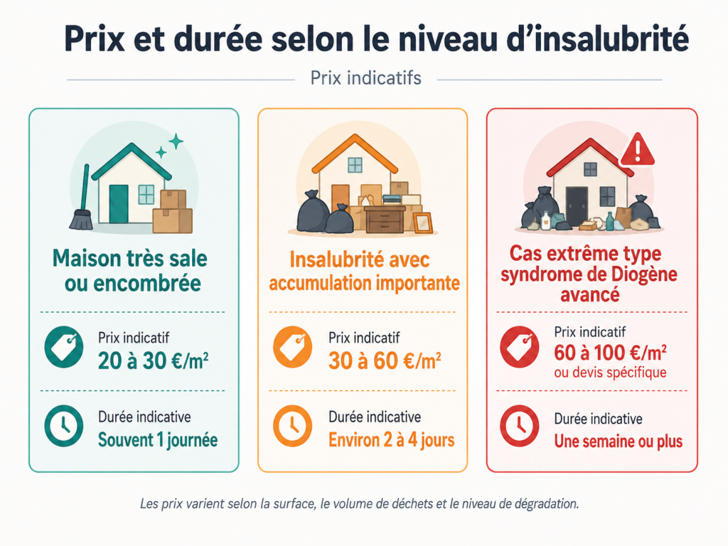Récapitulatif du prix et de la durée d'intervention selon le niveau d'insalubrité de la maison