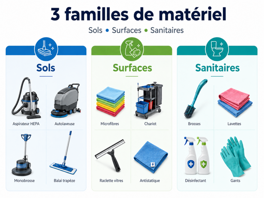 hecklist des 3 familles de matériel de nettoyage de bureaux