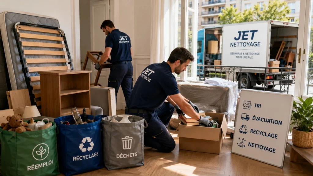 Professionnels du débarras triant des meubles et encombrants dans un logement à Nantes avant nettoyage.