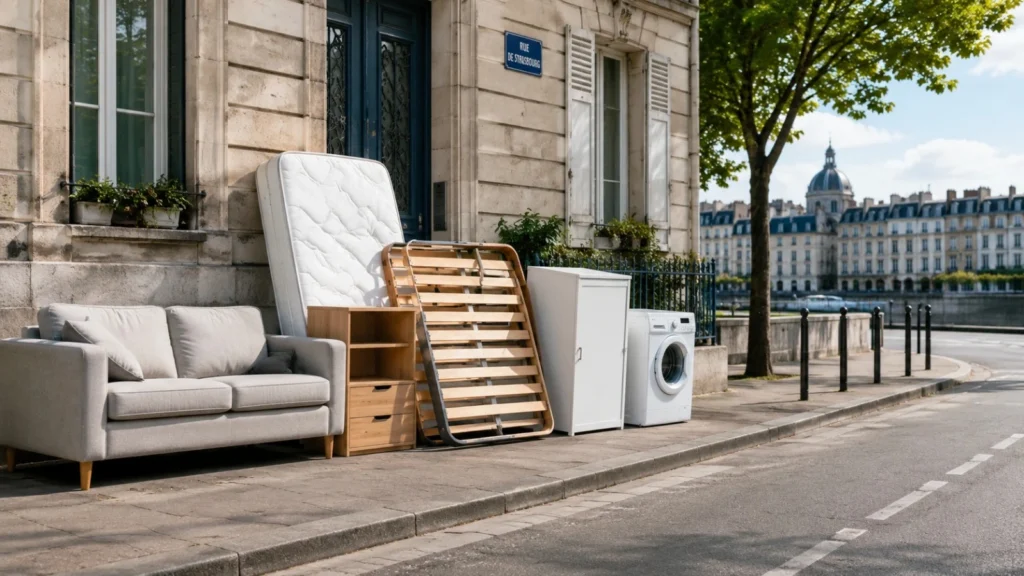 Objets encombrants rangés proprement devant un logement à Nantes avant une collecte ou un débarras.