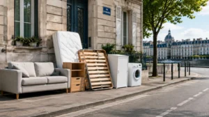 Objets encombrants rangés proprement devant un logement à Nantes avant une collecte ou un débarras.