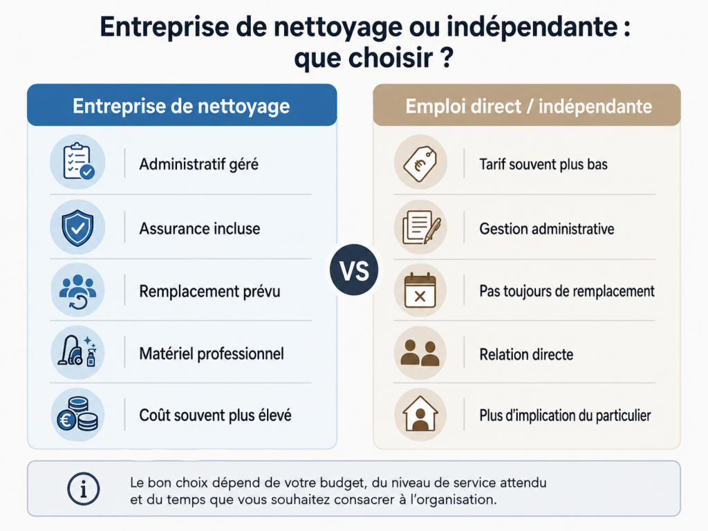 entreprise de nettoyage ou une femme de ménage, deux services, des besoins différents