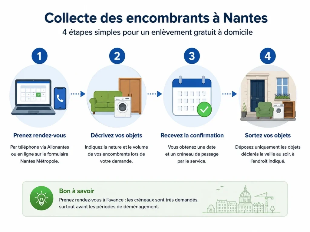 Infographie montrant les étapes pour prendre rendez-vous et faire collecter ses encombrants à Nantes.