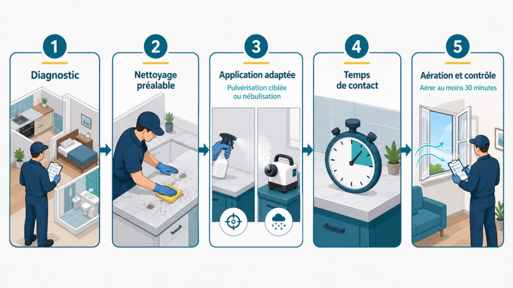 Résumé des 5 étapes d´une désinfection professionnelle