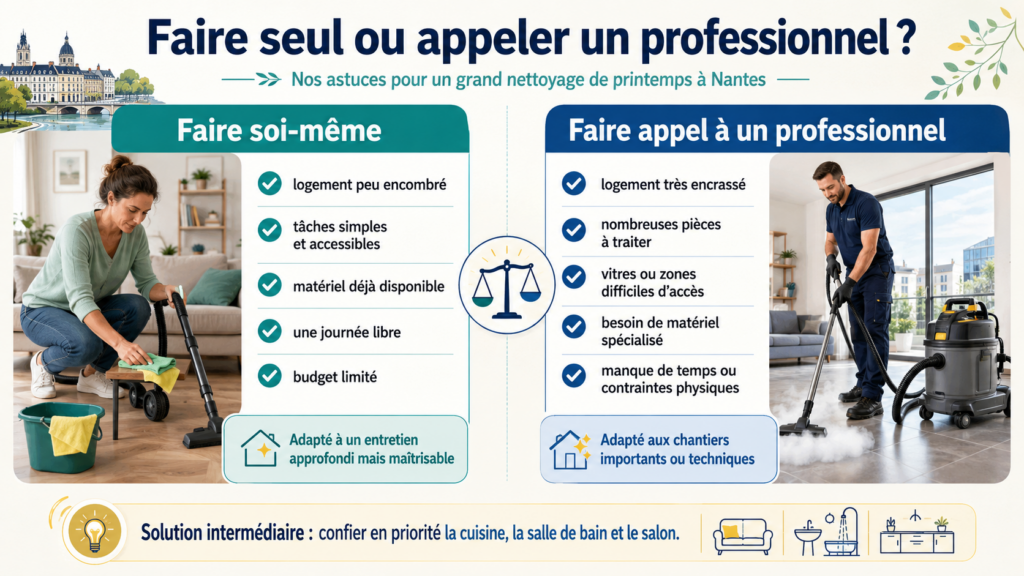 Le choix entre choisir de faire soi-même ou de faire appel à des professionnels pour son nettoyage de printemps