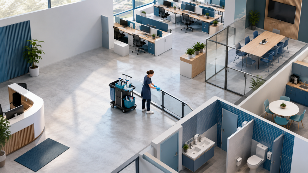 Une entreprise vide en cours de nettoyage par un agent d´entretien professionnel