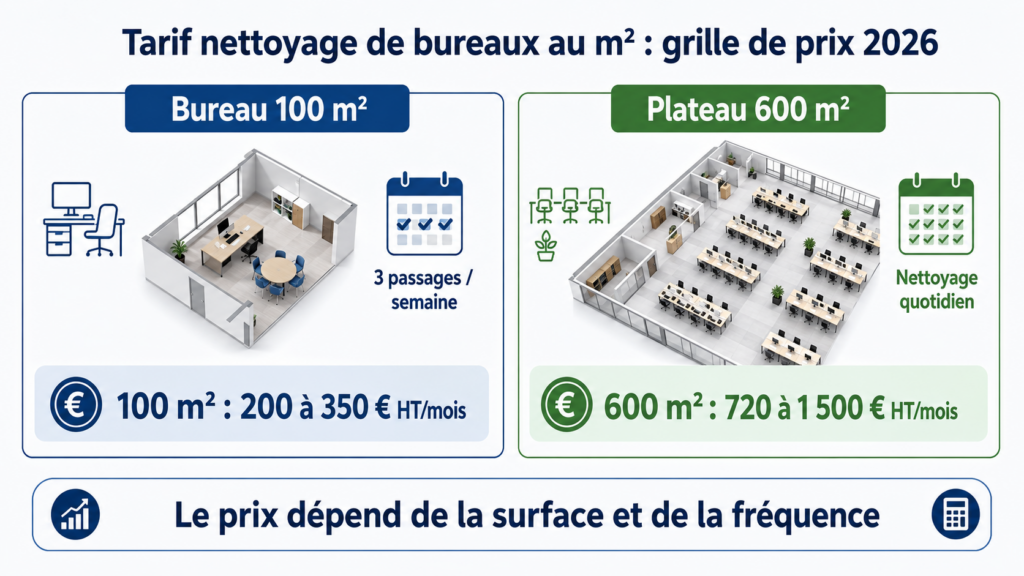 Un plan d´un bureau de 100m2 envisageant 200/350Euros et d´un plateau de 600m2 estimant un tarif de 720/1500Euros sur fond blanc
