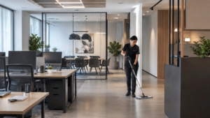 Image d´une femme agent de nettoyage avec uniforme noire et qui tient un balai chiffon dans un bureau impeccable.