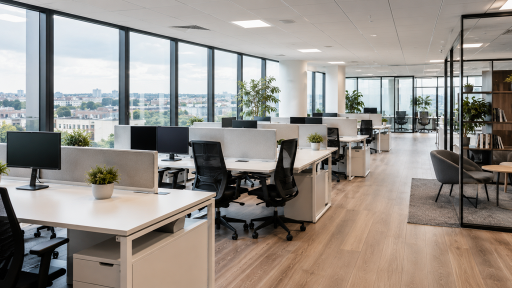 Image d´un bureau propre avec des tables, des écrans, des chaises et des vitres tous impeccables