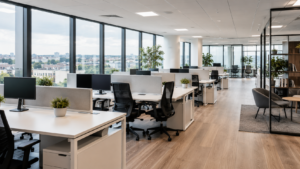 Image d´un bureau propre avec des tables, des écrans, des chaises et des vitres tous impeccables