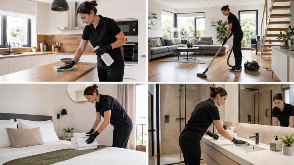 4 Plans d´une professionnelle du nettoyage effectuant les 4 services dédiés aux particuliers Nantais