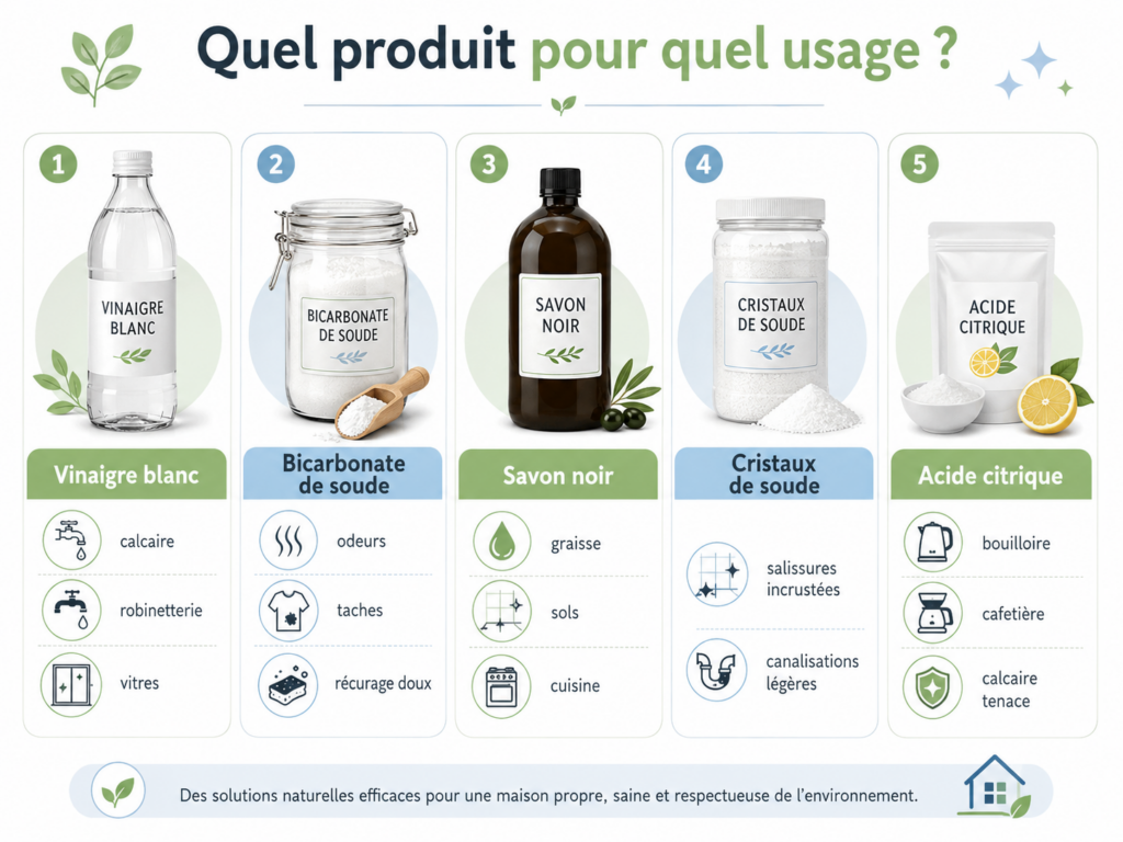 Les 5 produits de nettoyage maison naturel avec les effets et les surfaces adaptées