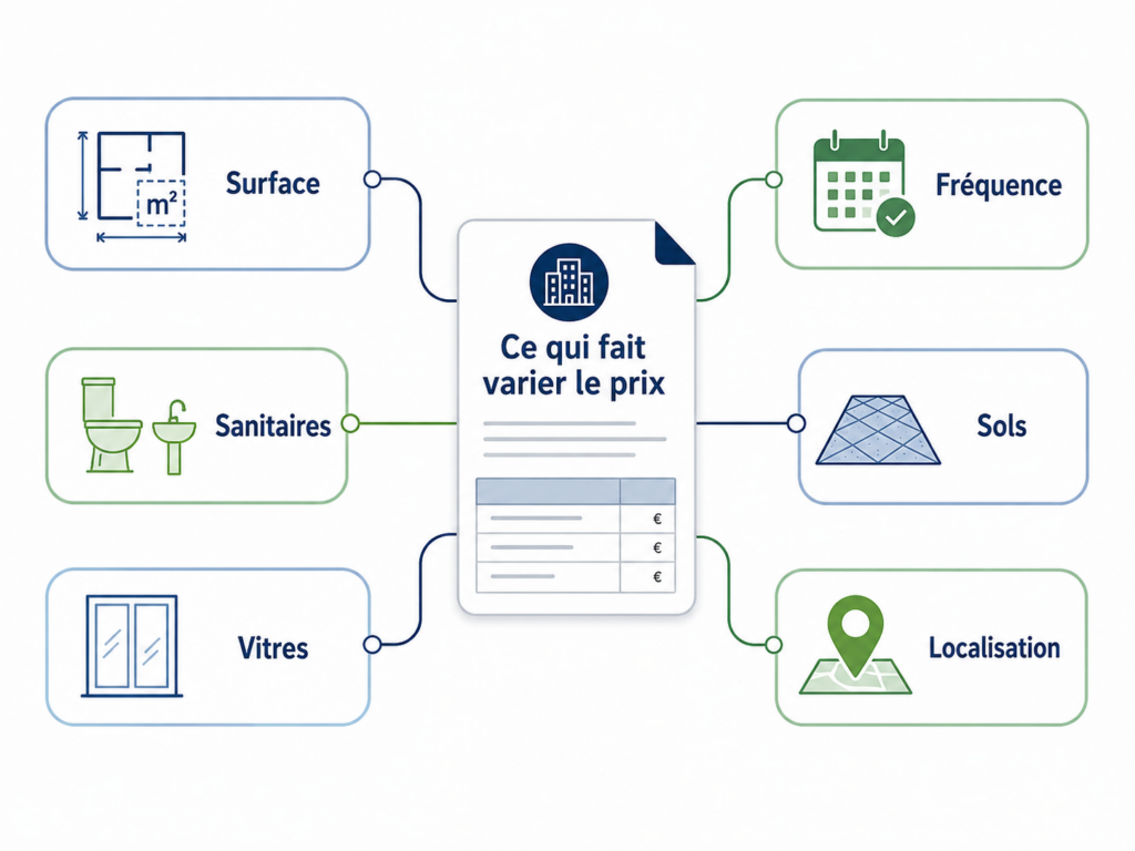 Un visuel déclarant la surface, les sanitaires, les vitres, la fréquence, les sols et la localisation comme variateur de prix sur fond blanc