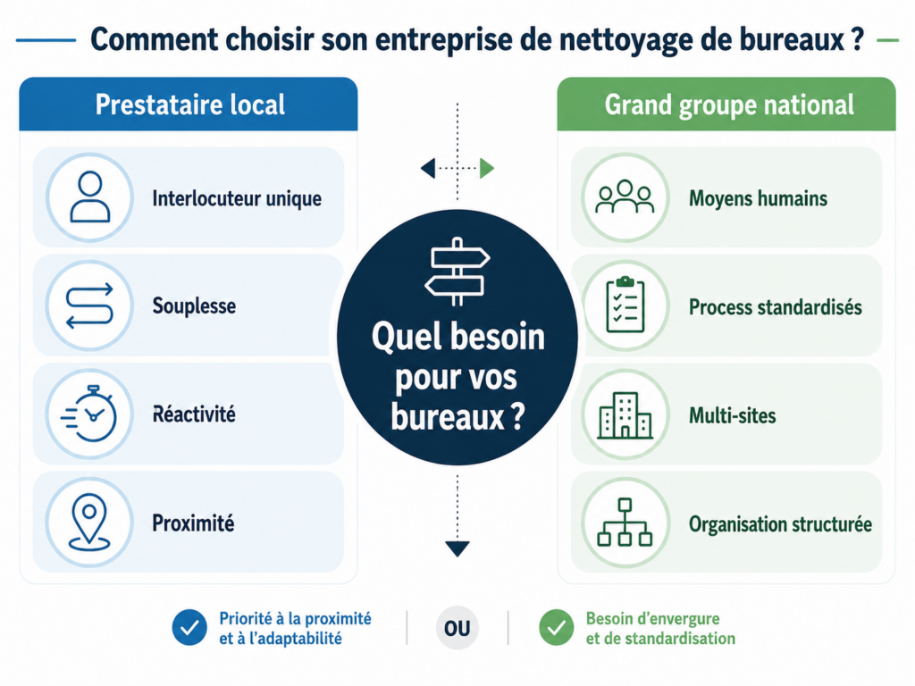 Visuel des 8 avantages entre le prestataire local et le grand groupe national pour faire un meilleur choix selon vos besoins.