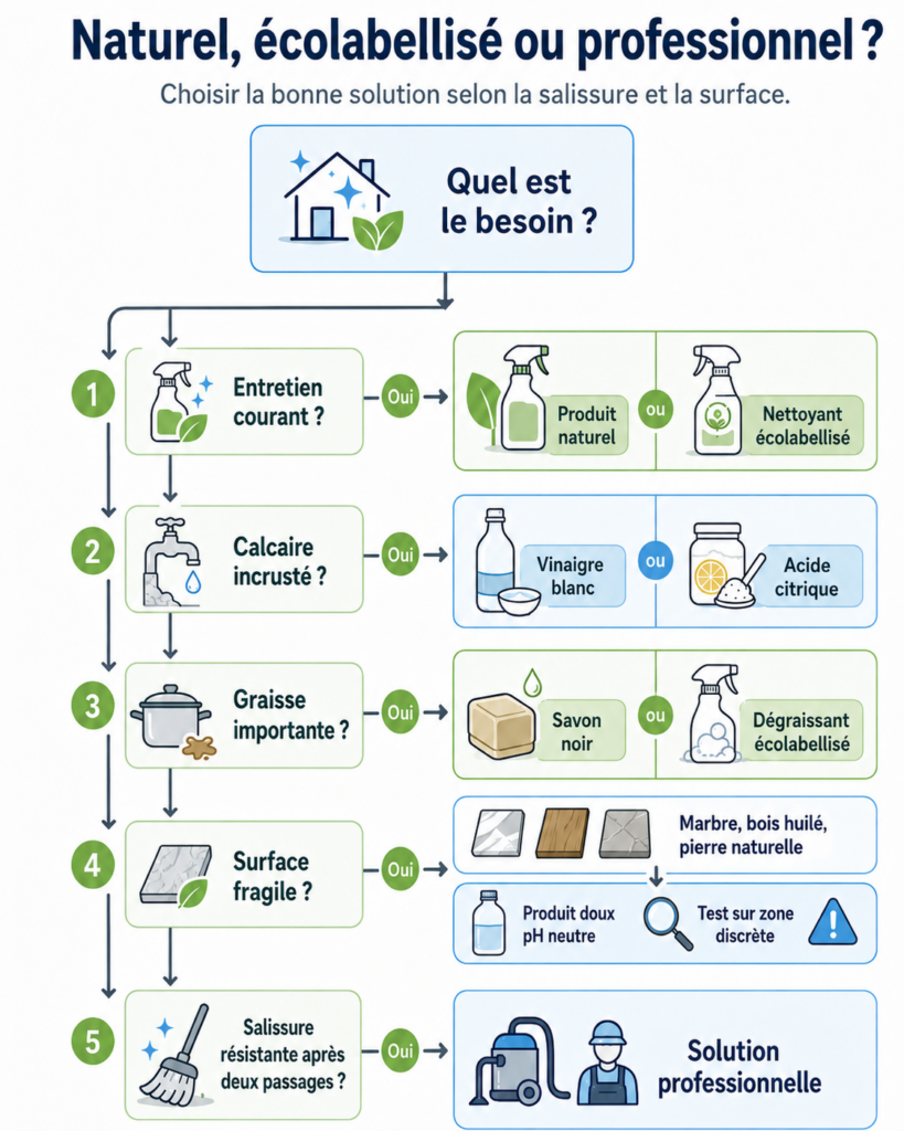 Une liste de 5 cas décrivant les produits nettoyants naturels, écolabellisés et professionnels à utiliser