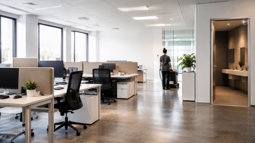 Image d´un bureau moderne avec tables, chaises, toilettes et un agent de nettoyage en tenue sombre et des murs blancs