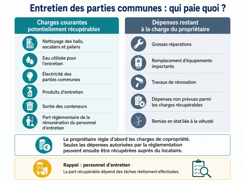 Plan à 12 points mettant en évidence les dépenses à la charge du propriétaire et des charges récupérables