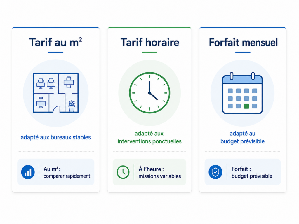 Schémas comparant le tarif au m2, en heure et en mois mentionnant les 3 types de besoins combles