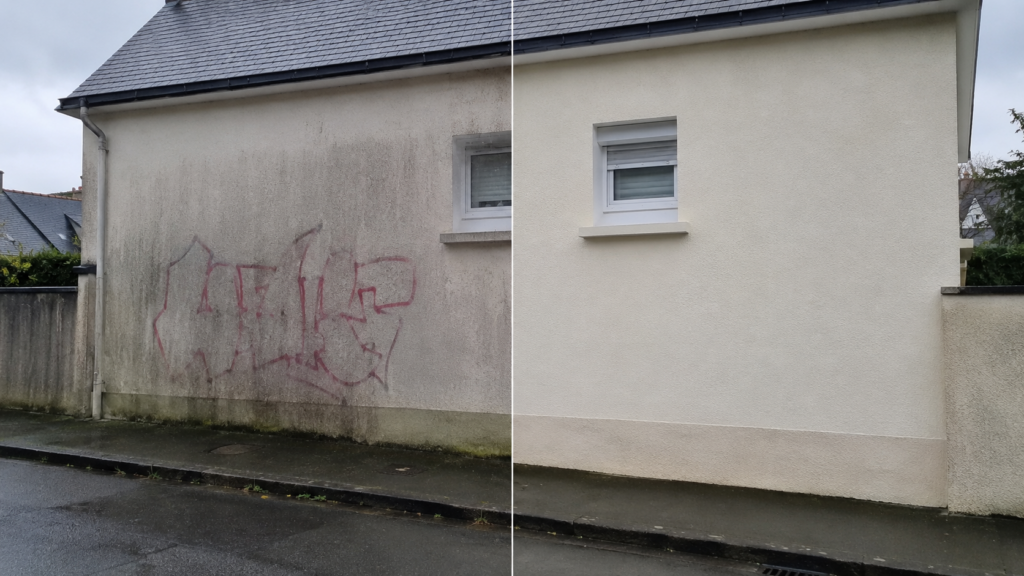 Nettoyage professionnel d'une façade après élimination complète des graffitis, avec un rendu propre et soigné.