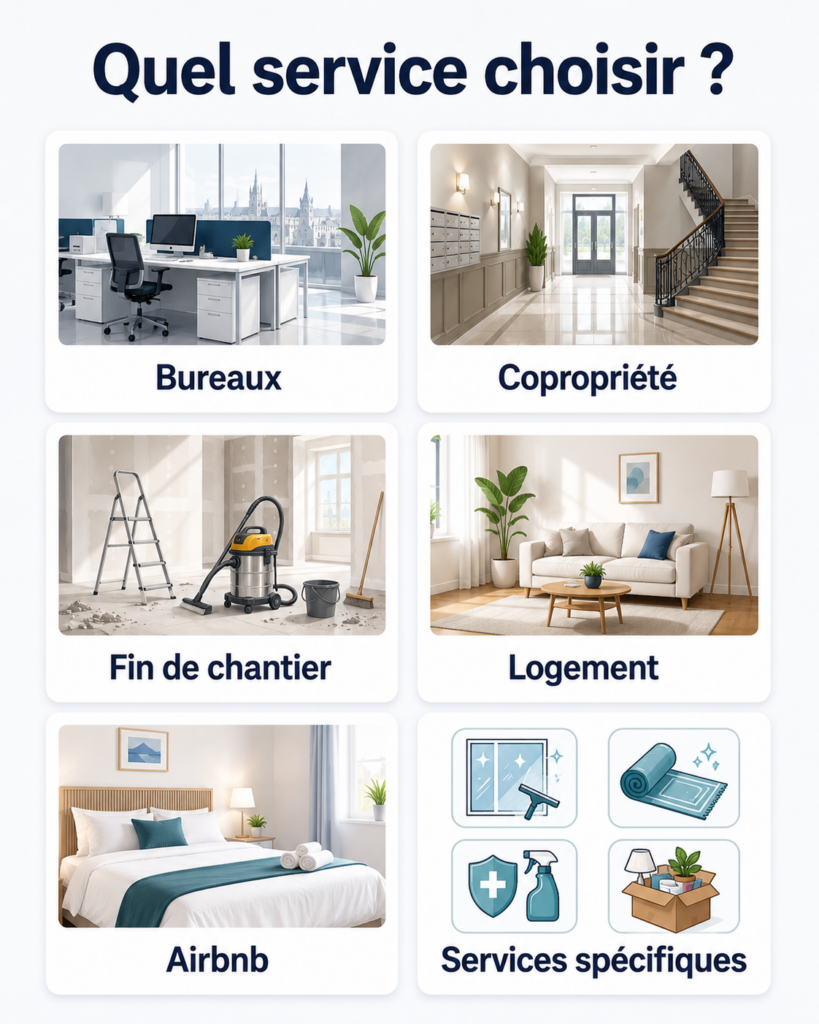 Démonstration des 6 services de nettoyage pour bureau, copropriété, fin de chantier, logement Airbnb et services spécifiques sur fond blanc